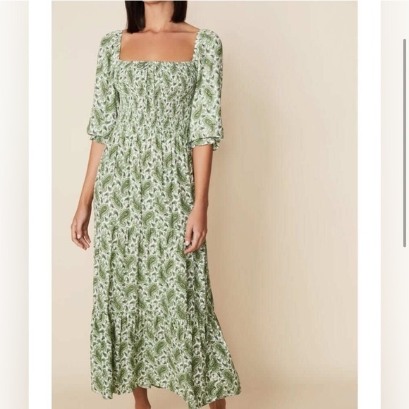 Faithfull The Brand Le Galet Midi Dress Sable Paisley Green Smocked Square Neck - Picture 6 of 10